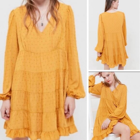 URBAN OUTFITTERS Boho Tiered Dress Size S Yellow Gold Rayon Swiss Dot MSRP $79 - Picture 1 of 9